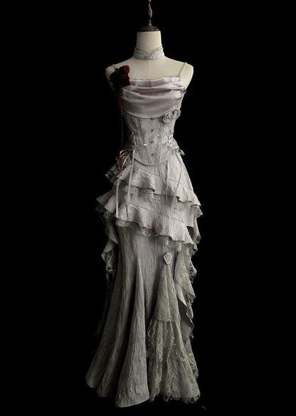 Vintage Silver Grey Mermaid Strap Sleeveless Lace Edge Ball Gown Evening Dress TP2032