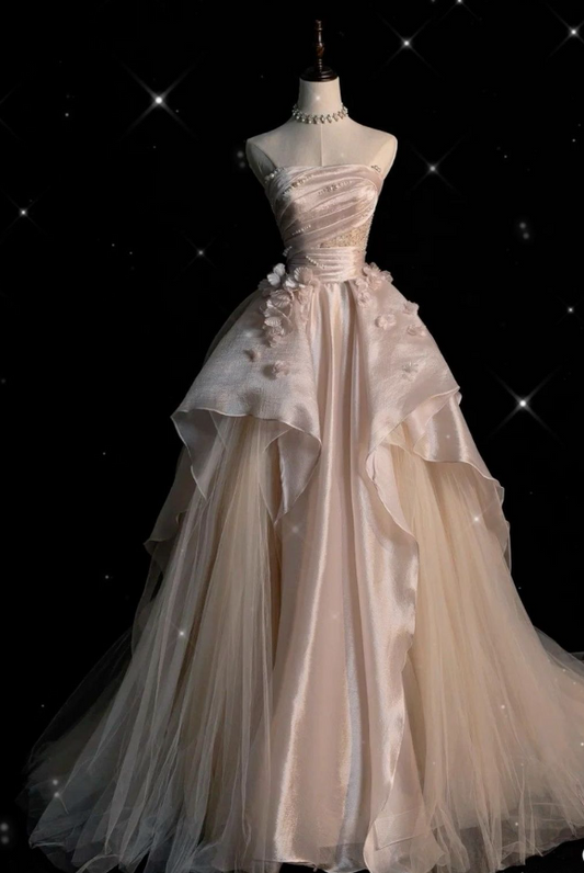 Elegant Pink A-line Strapless Pearl Tulle Floor-length Formal Prom Dress Evening Gown TP2041