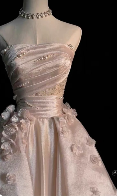 Elegant Pink A-line Strapless Pearl Tulle Floor-length Formal Prom Dress Evening Gown TP2041