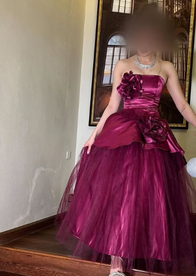 Rose Pink A-line Off-shoulder Sleeveless Satin 3D Floral Tulle Formal Prom Dress Evening Gown TP2044
