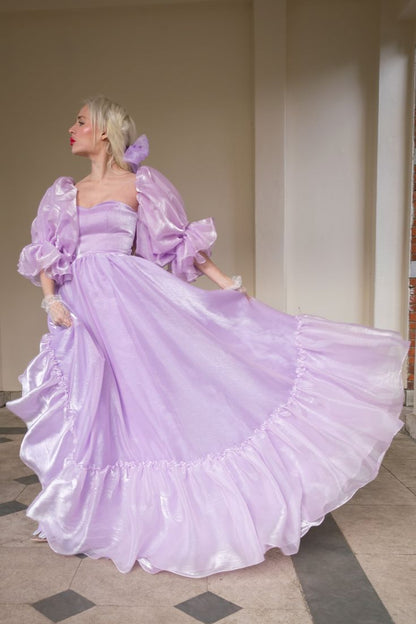 Charming Purple A-line Short Sleeve Flowing Floor-length Ball Gown Evening Dress TP2047