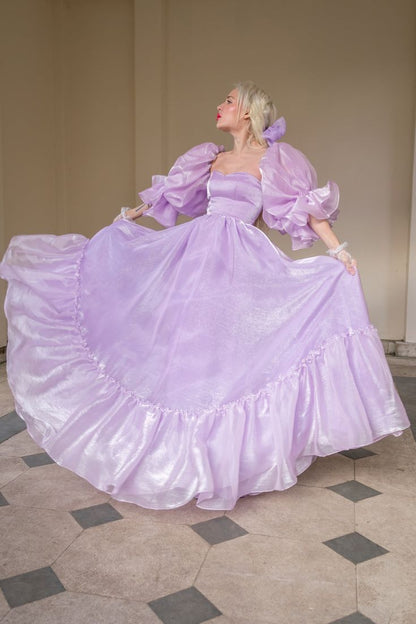 Charming Purple A-line Short Sleeve Flowing Floor-length Ball Gown Evening Dress TP2047