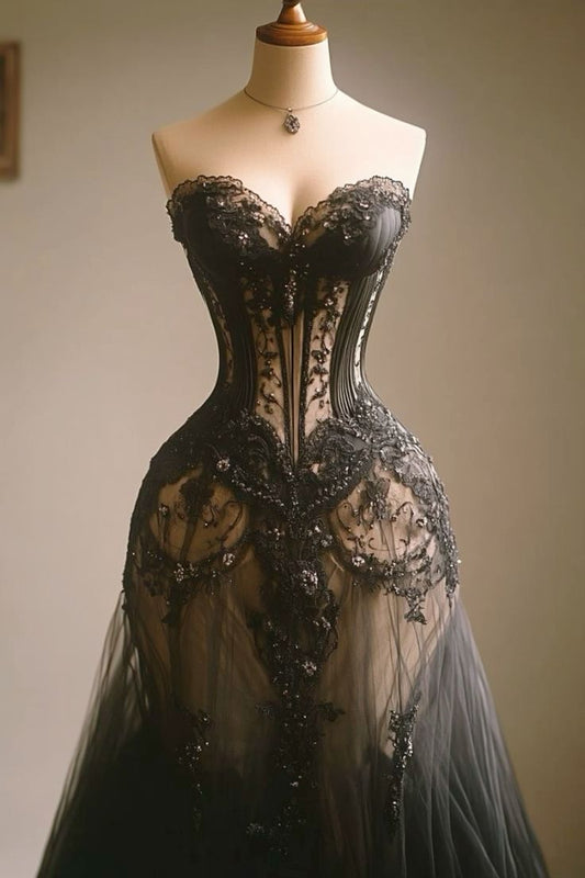 Black A-line Sweetheart Neck Strapless Lace Tulle Wedding Dress TP2050