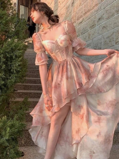 Sweet Pink A-line Short Sleeve Chiffon High-Low Ball Gown Evening Dress TP2051
