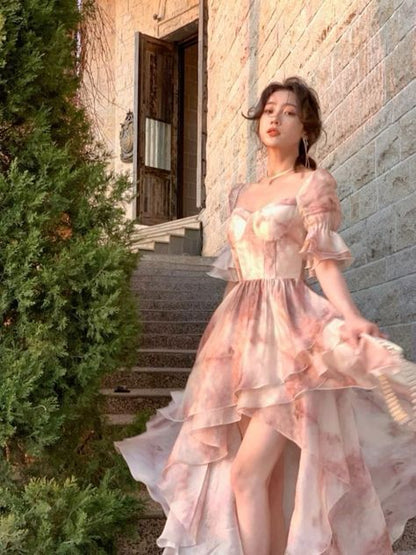 Sweet Pink A-line Short Sleeve Chiffon High-Low Ball Gown Evening Dress TP2051