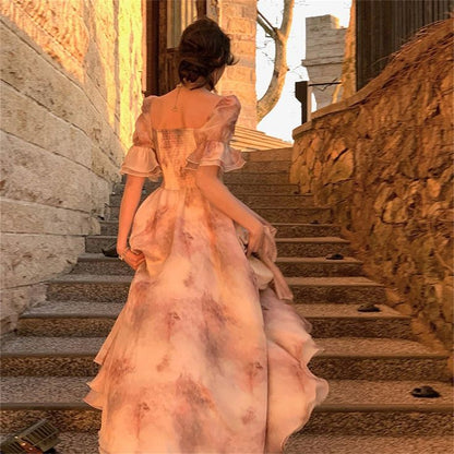 Sweet Pink A-line Short Sleeve Chiffon High-Low Ball Gown Evening Dress TP2051