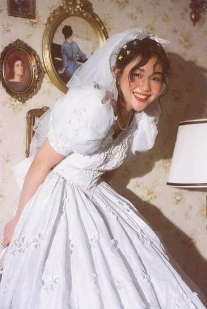 Vintage French White A-line Short Sleeve Floor Length Wedding Dress TP2052