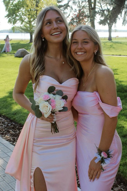 Elegant Pink Sweetheart Neck Mermaid Slit Satin Formal Prom Dress Evening Gown TP2054