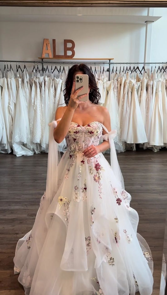 Elegant White A-line Strap Printed Tulle Wedding Dress with Train TP2055