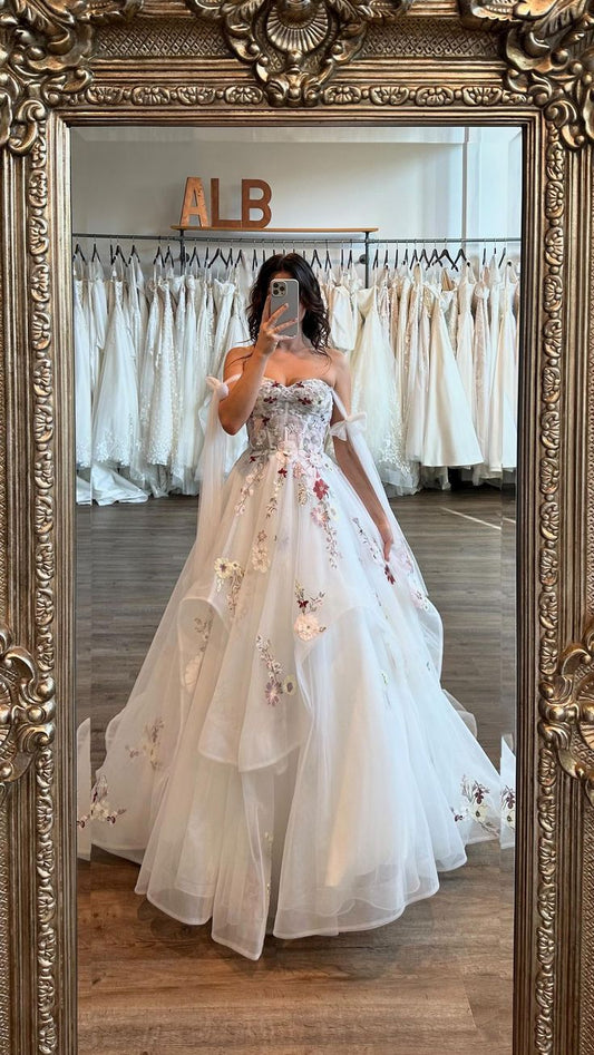 Elegant White A-line Strap Printed Tulle Wedding Dress with Train TP2055