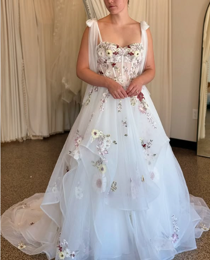 Elegant White A-line Strap Printed Tulle Wedding Dress with Train TP2055