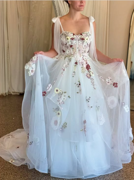 Elegant White A-line Strap Printed Tulle Wedding Dress with Train TP2055