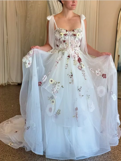 Elegant White A-line Strap Printed Tulle Wedding Dress with Train TP2055