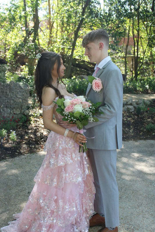 Elegant Pink A-line Strap Slit Layered Shiny Ball Gown Evening Dress TP2058