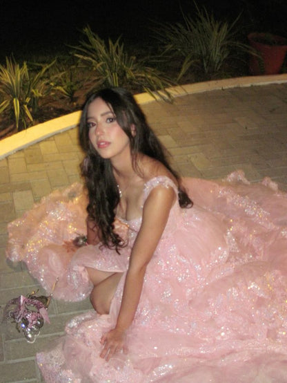 Elegant Pink A-line Strap Slit Layered Shiny Ball Gown Evening Dress TP2058