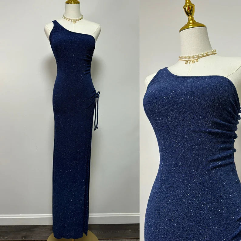 Navy Blue One Shoulder High Slit Sequin Floor Length Formal Ball Gown Evening Dress TP2070