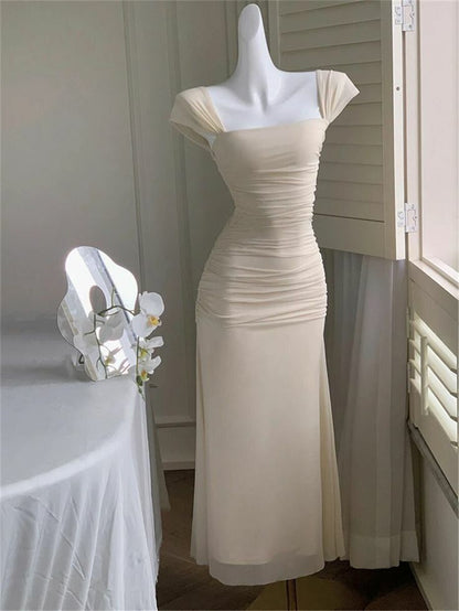 Elegant Light Yellow Mermaid Short Sleeve Chiffon Ankle-Length Dress Ball Gown TP2087