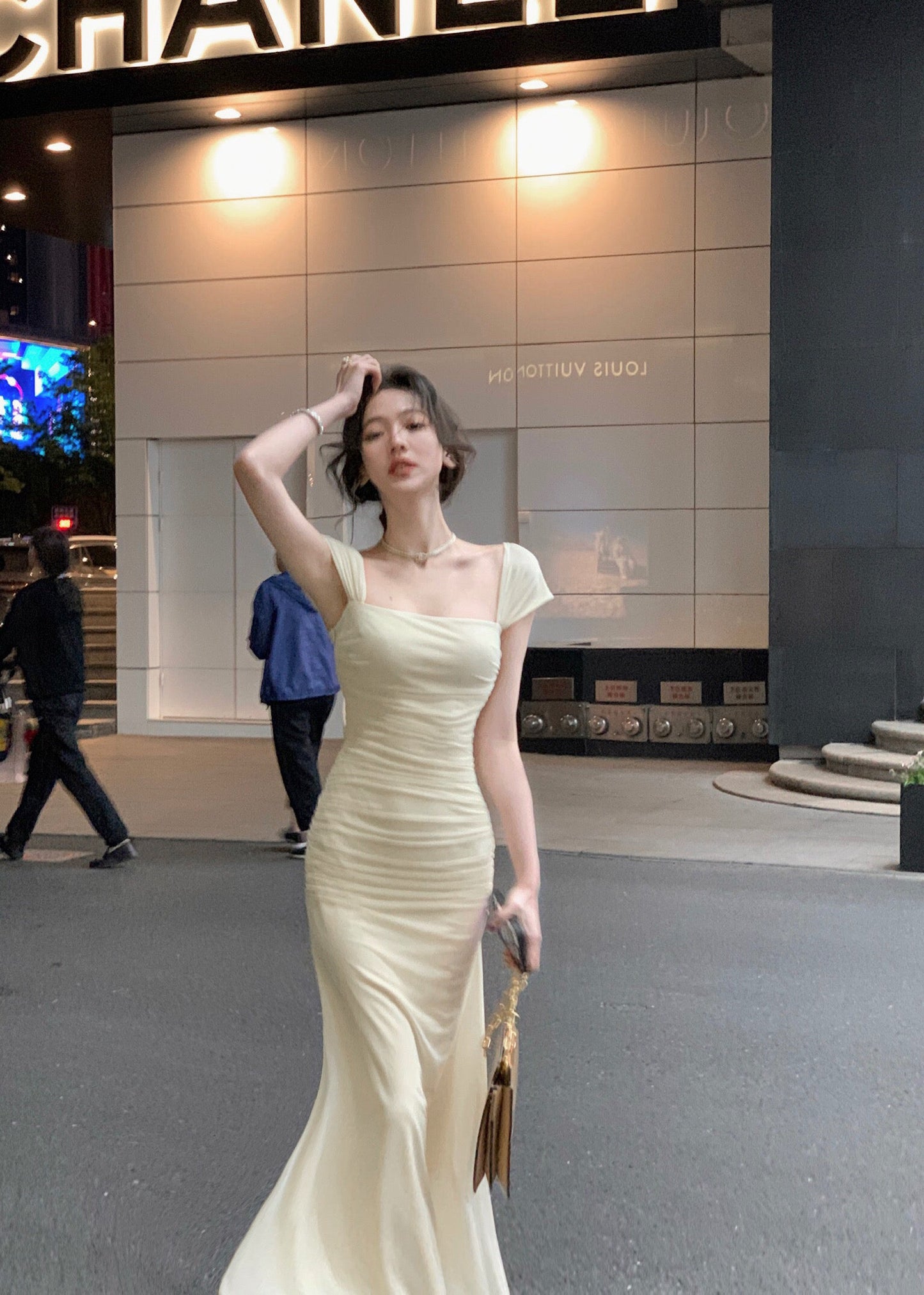 Elegant Light Yellow Mermaid Short Sleeve Chiffon Ankle-Length Dress Ball Gown TP2087
