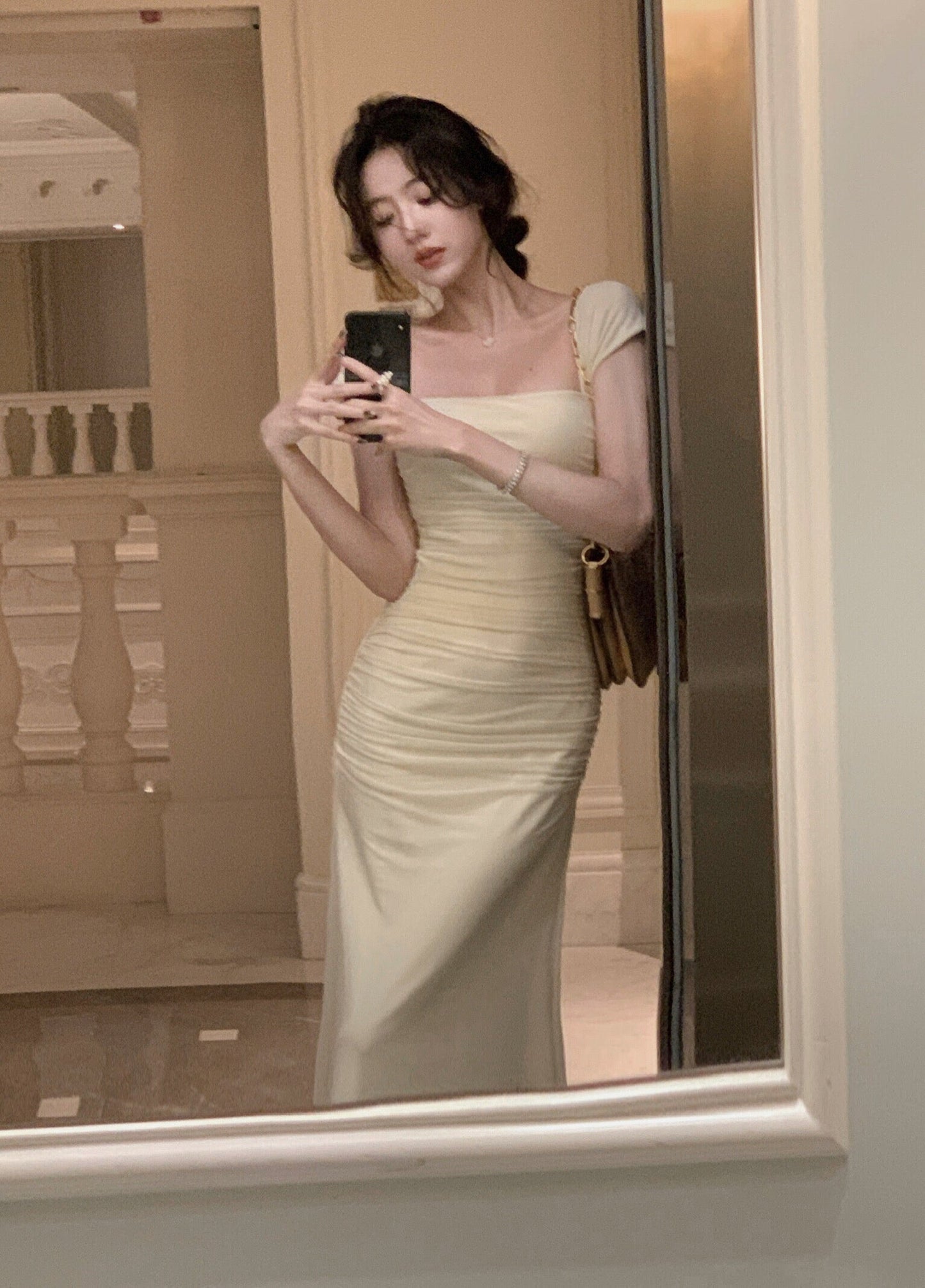 Elegant Light Yellow Mermaid Short Sleeve Chiffon Ankle-Length Dress Ball Gown TP2087