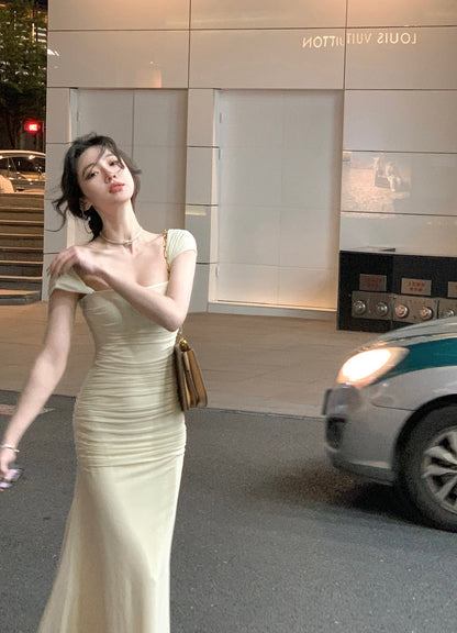 Elegant Light Yellow Mermaid Short Sleeve Chiffon Ankle-Length Dress Ball Gown TP2087