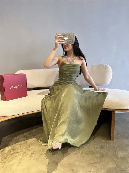 Elegant Green A-line Slit Spaghetti Strap Long Formal Prom Dress Evening Gown TP2088