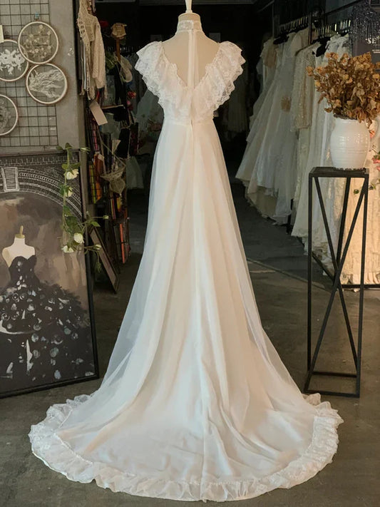 Vintage Chiffon Lace Turtleneck Wedding Dress TP2093