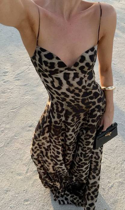 Sexy Flowy Leopard Print Spaghetti Strap Floor Length Party Dress Evening Gown TP2096