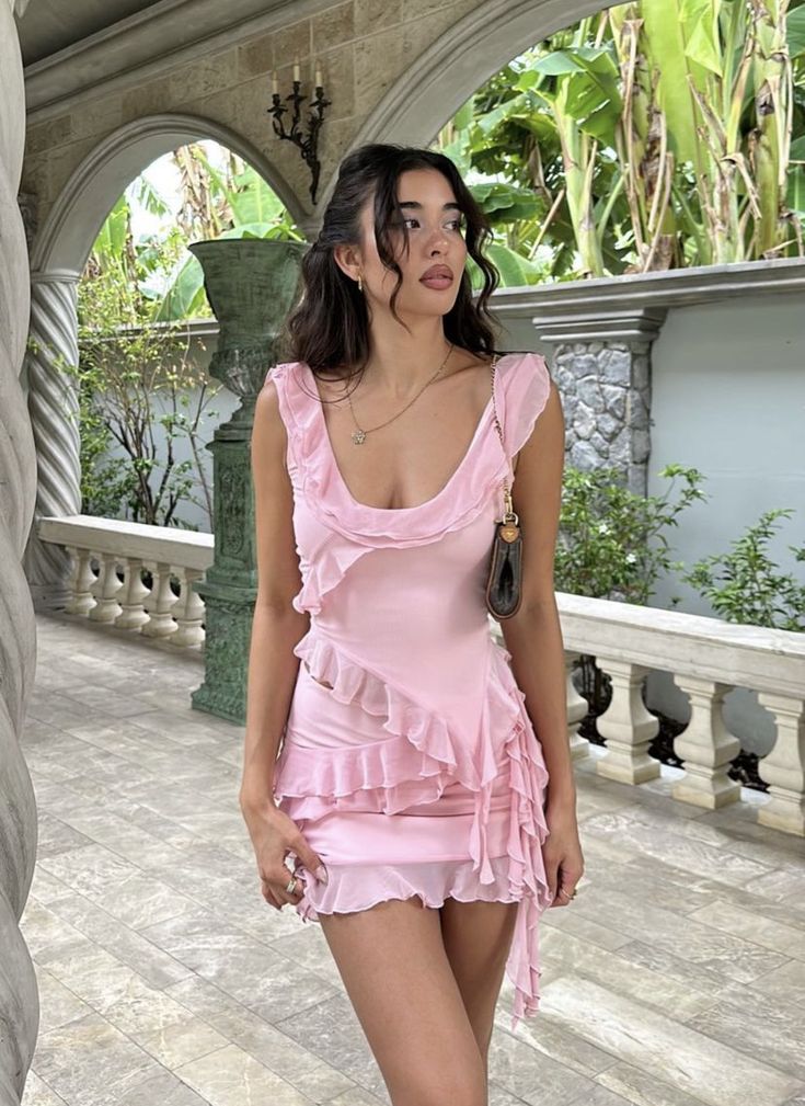 Sexy Pink Two Piece Low Cut Chiffon Ruffle Party Dress Homecoming Dress TP2098