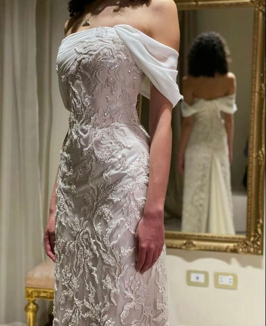 Exquisite Mermaid Off-the-shoulder Applique Beaded Backless Wedding Dress TP2104