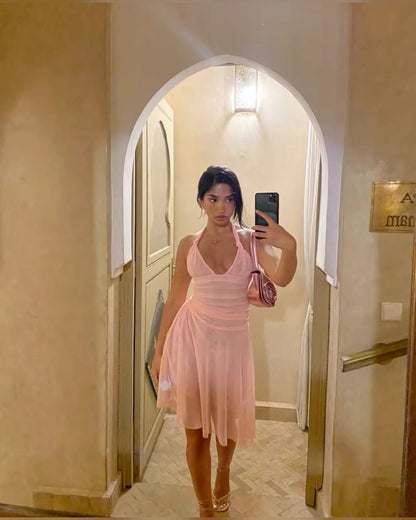 Charming Pink A-line Halter Neck Tulle Short Party Dress Prom Gown TP2109