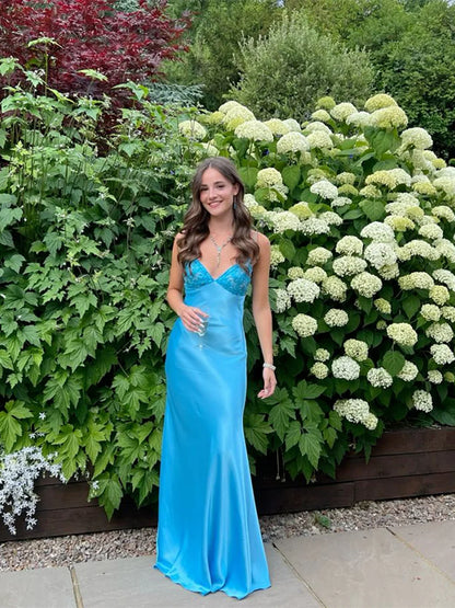 Blue Long Straps Sweetheart Party Dress Formal Dress, Blue Satin Evening Dress TP2122
