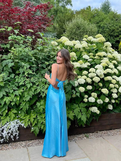 Blue Long Straps Sweetheart Party Dress Formal Dress, Blue Satin Evening Dress TP2122