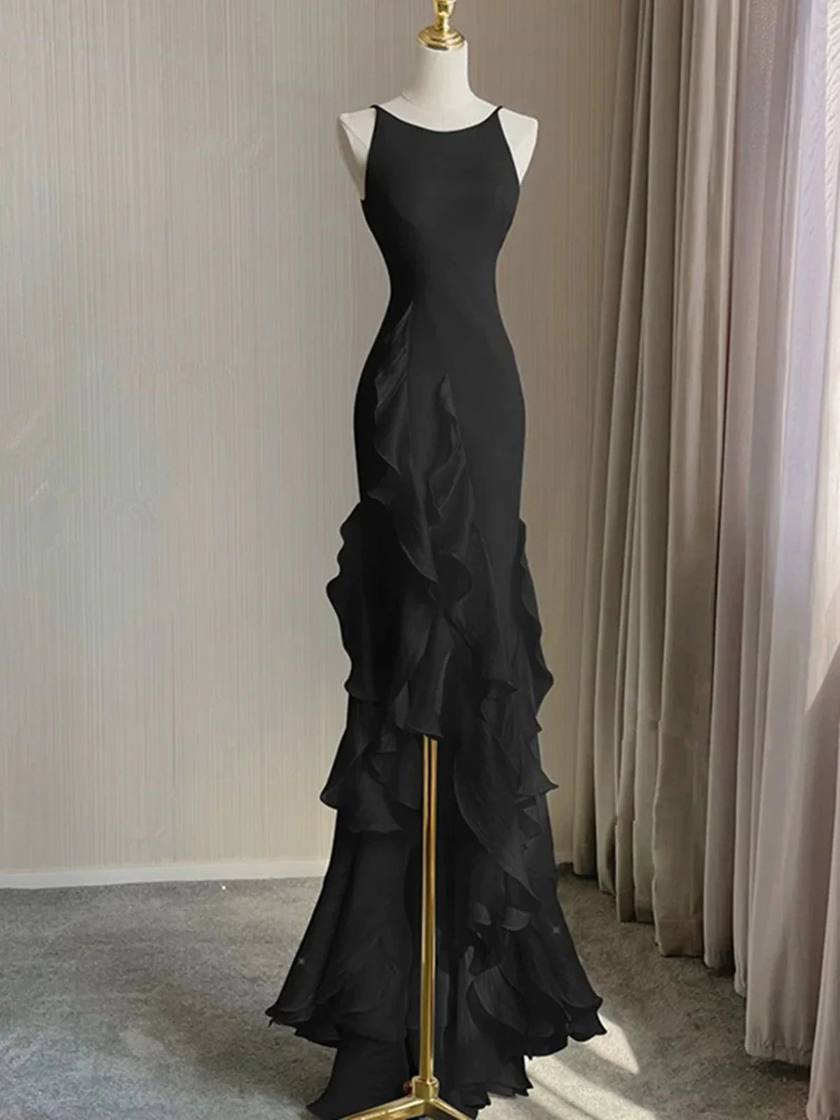 Black Round Neckline Low Back High Low Party Dress, Black Halter Prom Dress TP2124