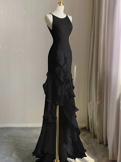 Black Round Neckline Low Back High Low Party Dress, Black Halter Prom Dress TP2124