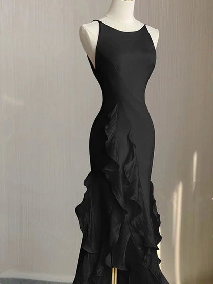 Black Round Neckline Low Back High Low Party Dress, Black Halter Prom Dress TP2124