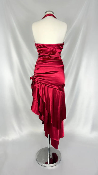 Chic Red Halter Neck Irregular Hem Satin Mermaid Ball Gown TP2140