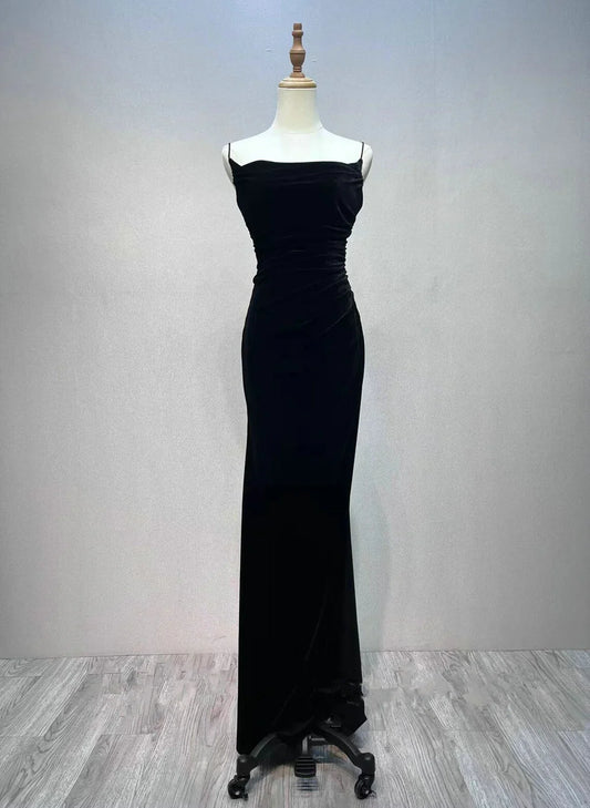 Black Mermaid Velvet  Long Party Dress, Black Straps Prom Dress Formal Dress TP2146
