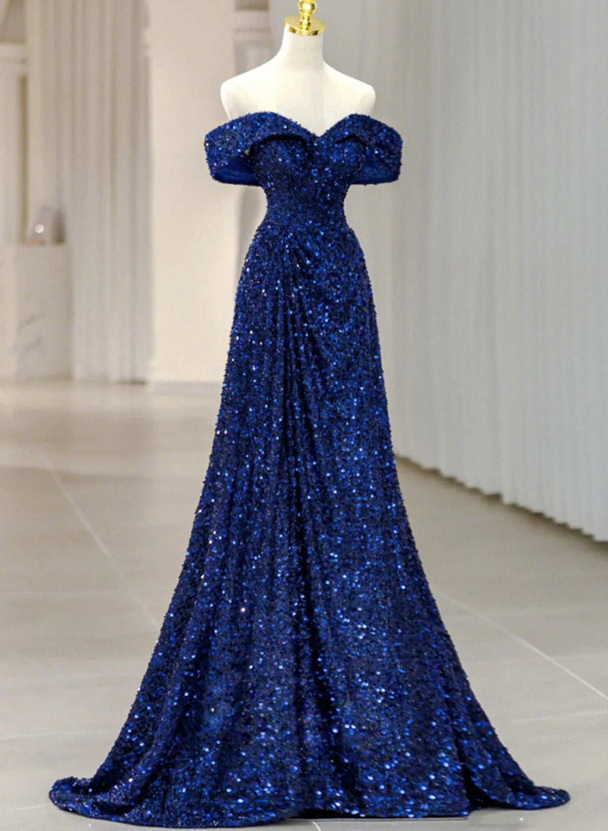 Blue Sequins Sweetheart Off Shoulder Evening Dress, A-Line Blue Long Party Dress Prom Dress TP2147