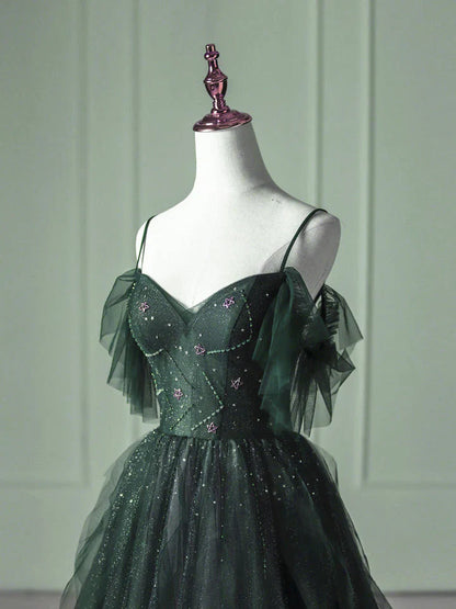 Green Gradient Tulle A-line Long Formal Dress, Green Beaded Straps Party Dress Prom Dress TP2150