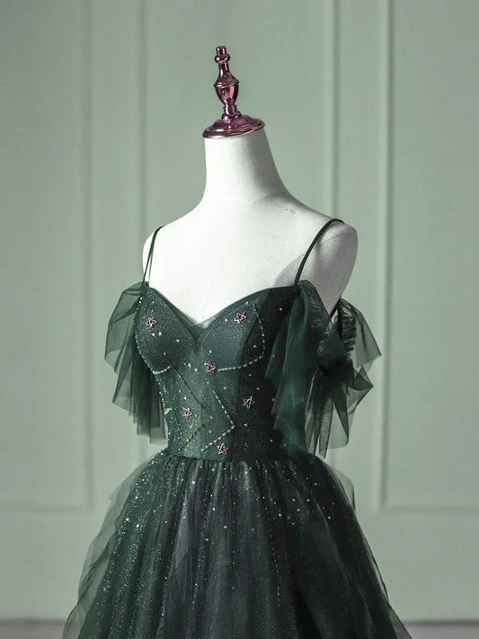 Green Gradient Tulle A-line Long Formal Dress, Green Beaded Straps Party Dress Prom Dress TP2150