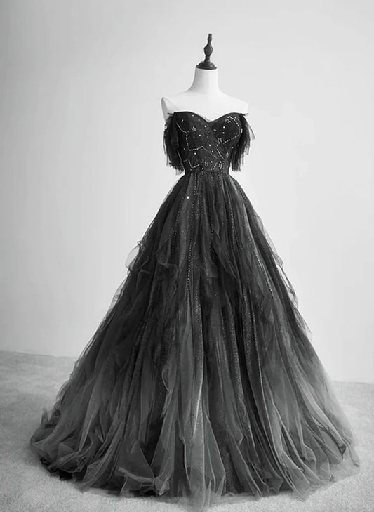 Black Tulle Off Shoulder Tulle Beaded Long Party Dress, Black Tulle Evening Dress Prom Dress TP2151