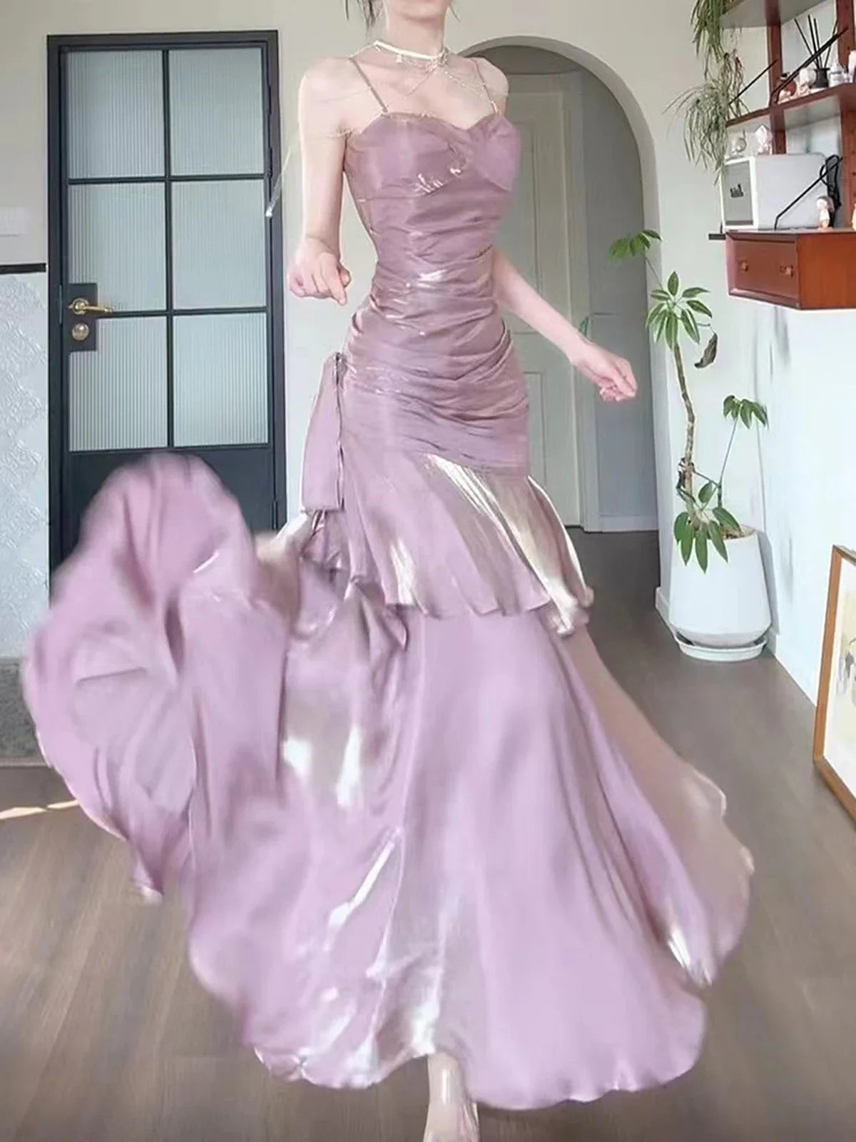 Pink Satin Mermaid Straps Long Formal Dress, Pink Floor Length Prom Dress TP2155
