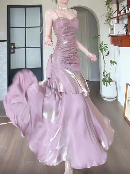 Pink Satin Mermaid Straps Long Formal Dress, Pink Floor Length Prom Dress TP2155