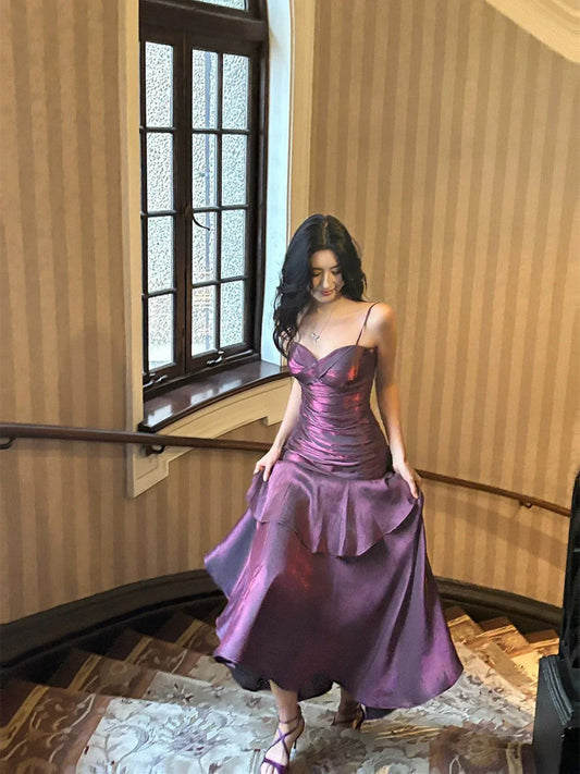 Purple Satin Straps Mermaid Long Formal Dress, Purple Prom Dress Evening Dress TP2157