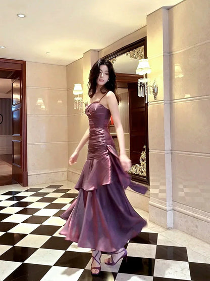 Purple Satin Straps Mermaid Long Formal Dress, Purple Prom Dress Evening Dress TP2157