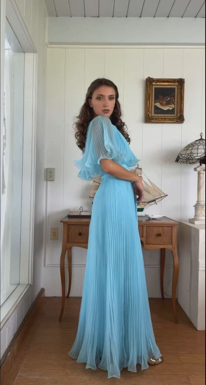 Elegant blue A-line ankle length pleated formal prom dress evening gown TP2160