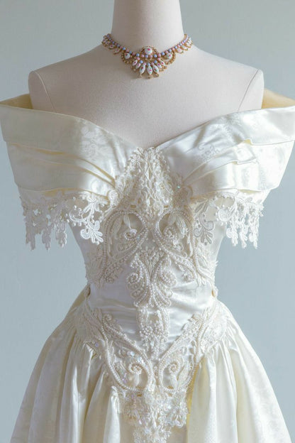 Vintage French Ivory A-line Off-the-shoulder Sequin Beaded Wedding Dress TP2165