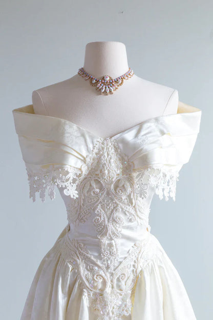 Vintage French Ivory A-line Off-the-shoulder Sequin Beaded Wedding Dress TP2165