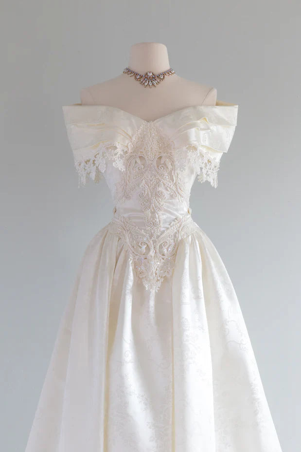 Vintage French Ivory A-line Off-the-shoulder Sequin Beaded Wedding Dress TP2165