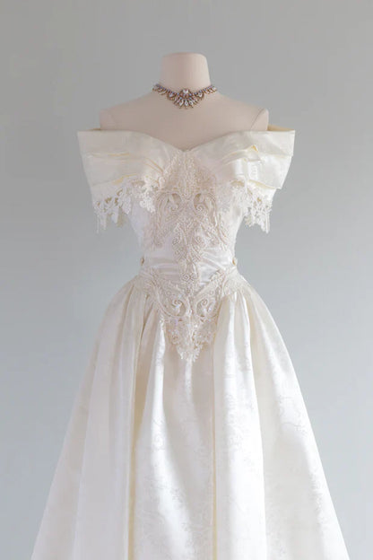 Vintage French Ivory A-line Off-the-shoulder Sequin Beaded Wedding Dress TP2165